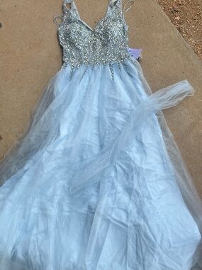 PromGirl Powder Blue Beaded Tulle Prom Gown